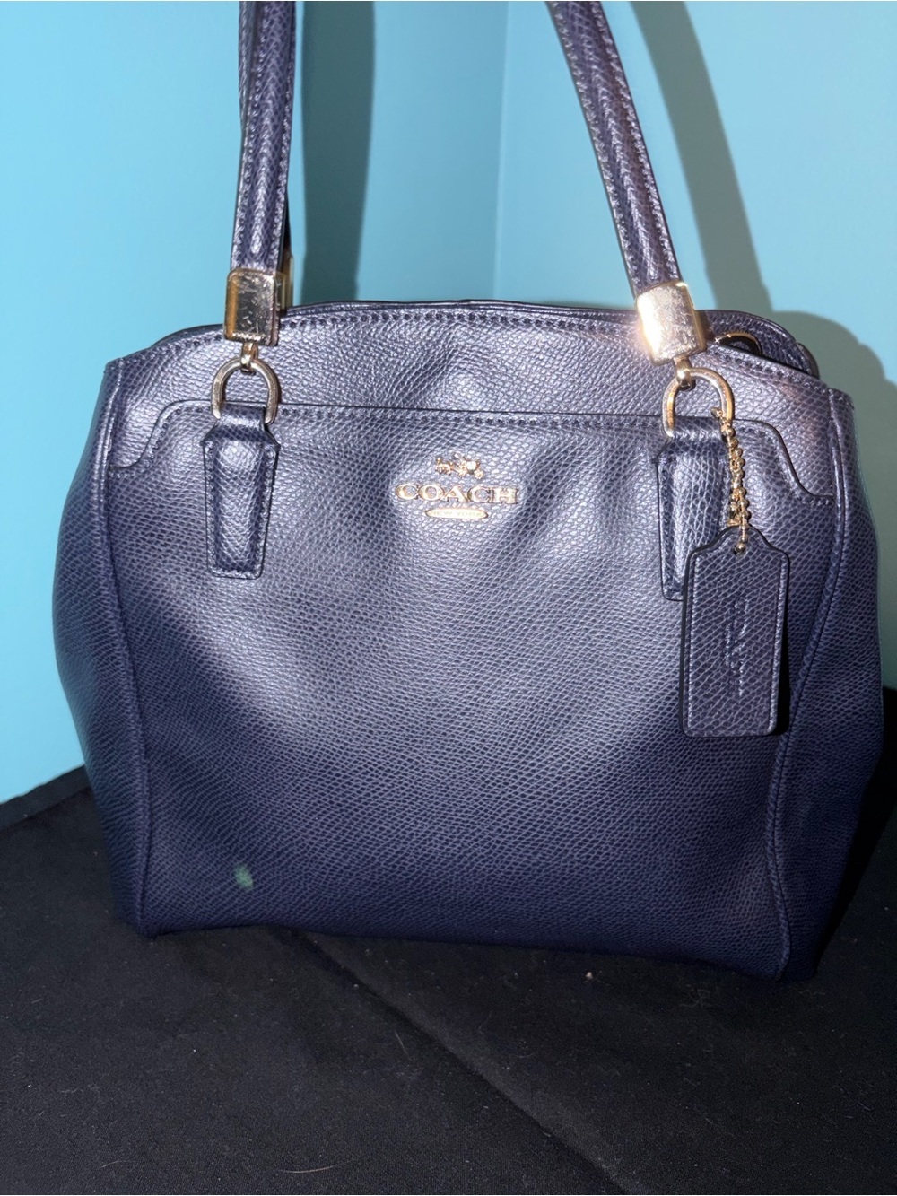 Coach Navy Pebble Leather Dual-Handle Shoulder Bag with Gold Hardware
